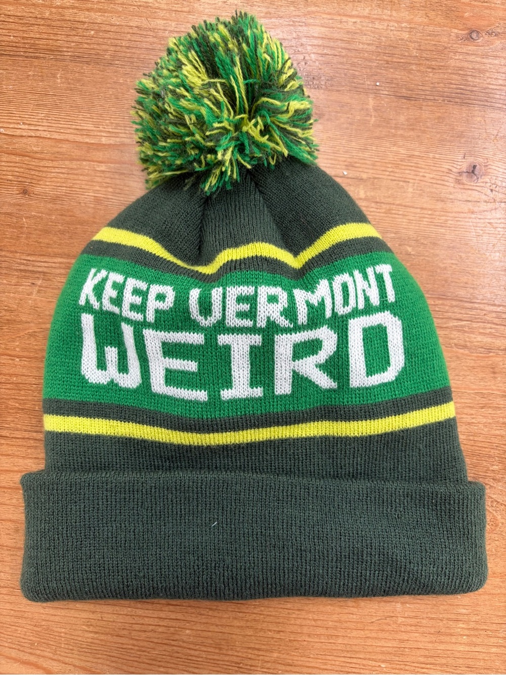 Keep Vermont Weird Knit Pom Winter Beanie Hat - Green & Yellow
